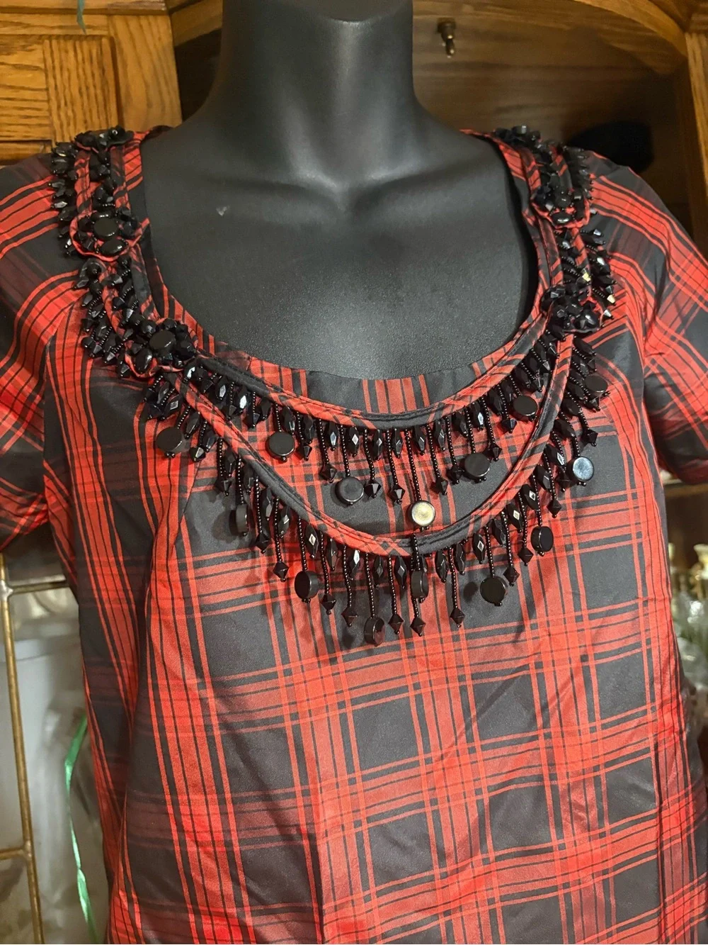 J.Crew Eliza silk red and black tartan plaid blouse built-in black xs 0